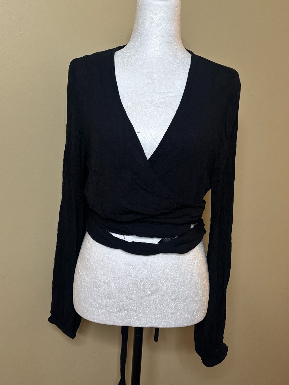 ASOS DESIGN black wrap tie long sleeve crop top